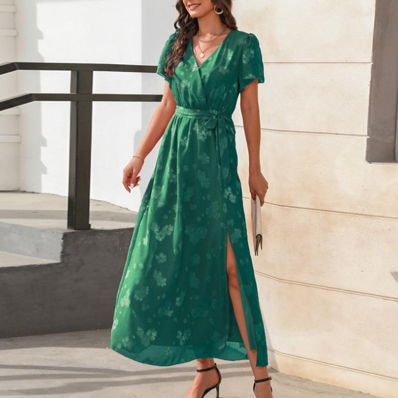 GMXIA Весна/лето Женское платье с V-образным вырезом и высокой талией, с завязками, с жаккардовым разрезом, длинные платья с короткими рукавами