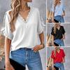 Women Shirt V-Neck Ruffled Splicing Petal Sleeve Solid Color Tops Loose Fit Tee Casual Office Travel Shirt
