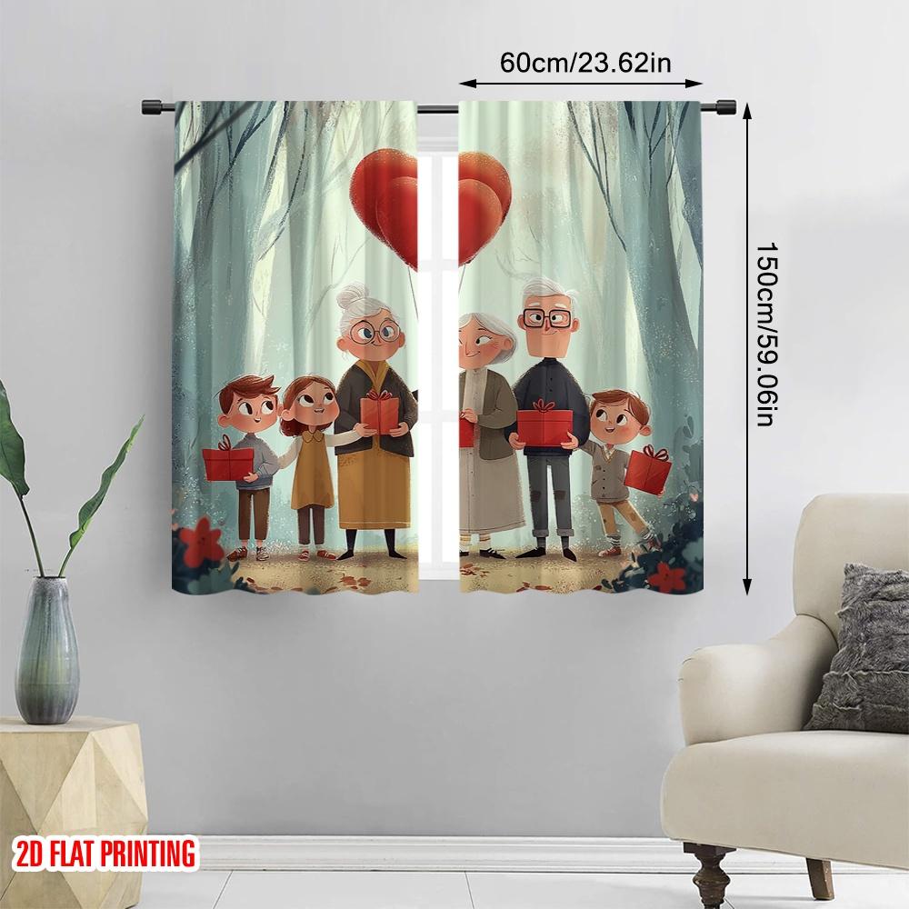 2Pcs,2D Plane Printing Window Curtain Boster Family Love Versatile Fabric (Without Rod) All Seasons Use For Living Room & Office