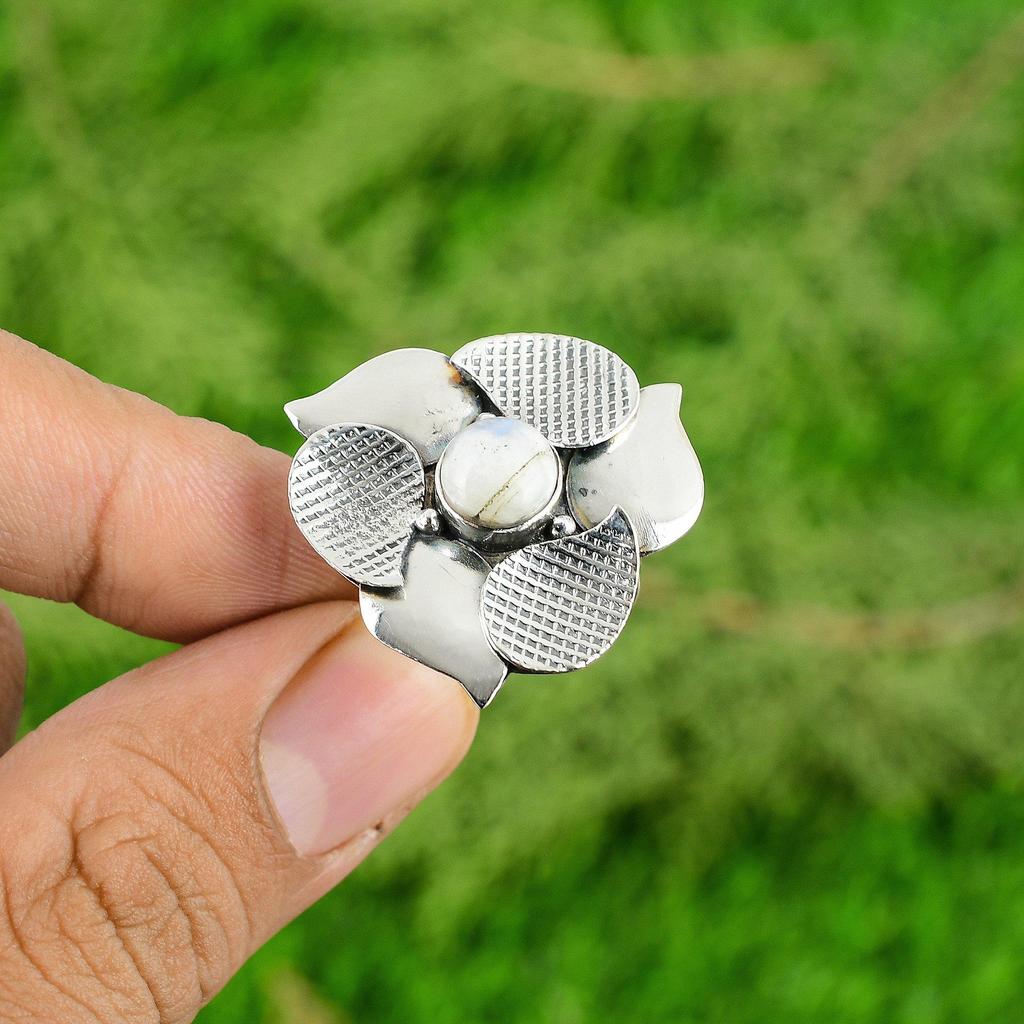 Natural Rainbow Moonstone Statement Flower Adjustable Ring 925 Silver For Women