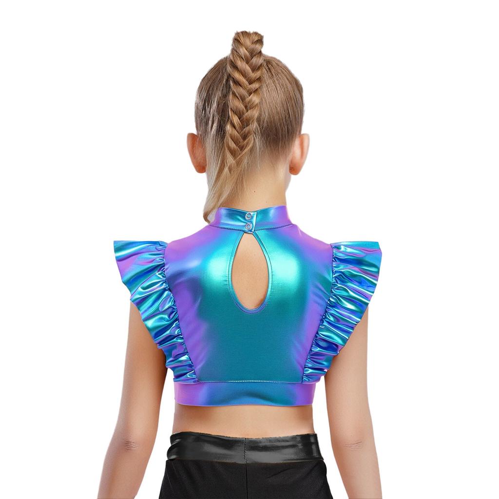 Kids Girls Metallic Tank Tops Mock Neck Mesh Patchwork Rhinestone Adorned Sleeveless Shiny Ruffle Crop Tops with Press Buttons Keyhole Back Dance Shir