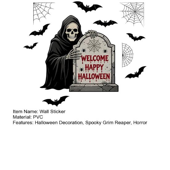 Halloween Wall Decals Grim Reaper Decals, Scary Tombstones Bats Spider Web Vinyl Holiday Party Decorations Sticker, Peel And Stick Removable