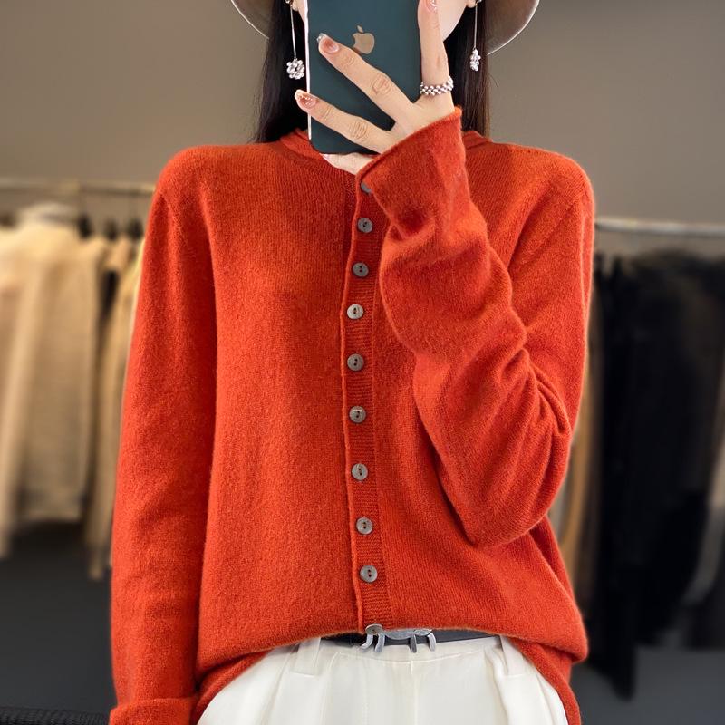 Autumn & Winter Women's Wool Cardigan: Half-High Round Neck, Fashionable Multi-Button, Loose-Fit Knit Base Layer