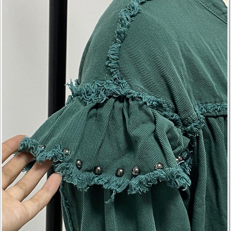 Женская персонализированная уличная джинсовая куртка с рюшами и рукавами-фонариками больших размеров, потертая цветная джинсовая куртка с необработанными краями