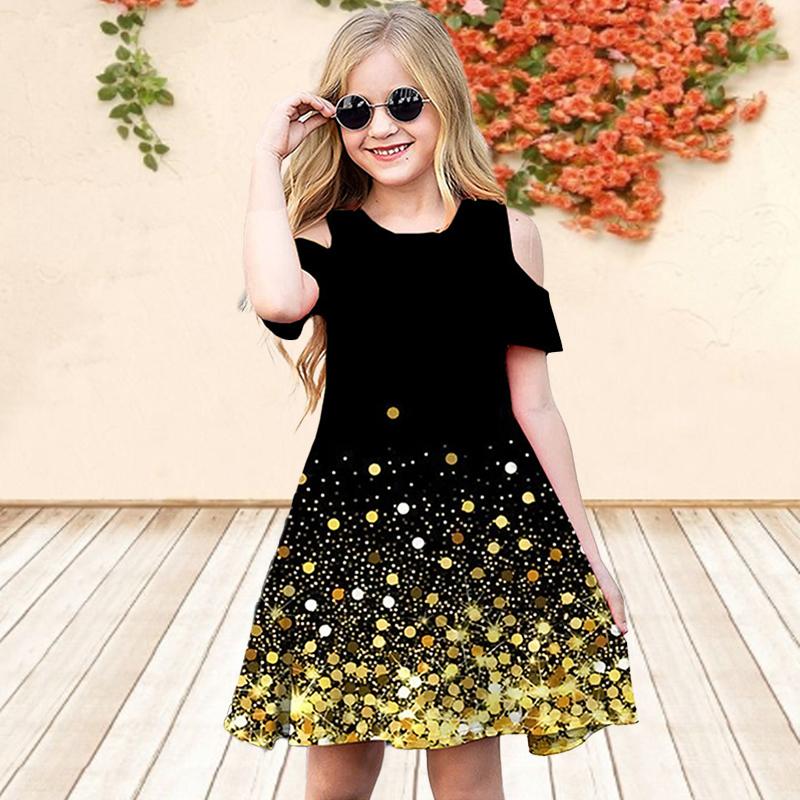 Girls Floral Gold Sequins Print Dresses Kids Girl Party Off Shoulder Dress Princess Dress Short Sleeved Dress Over Four Years Old
