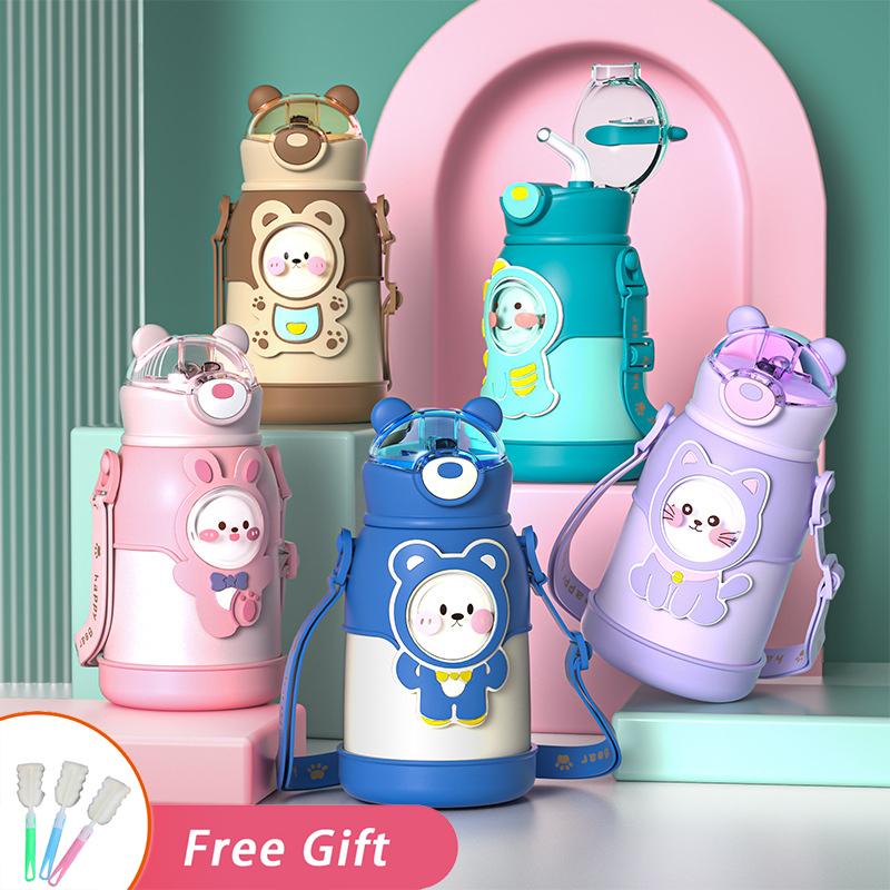 Kawaii термос, милая бутылка для воды для детей, школьная кофейная кружка для девочек с соломой, термосы из нержавеющей стали 316 с изоляцией
