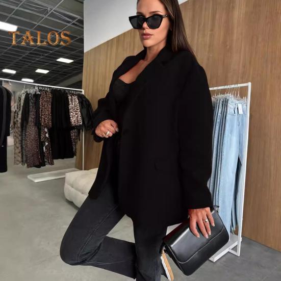 Женская куртка осень-зима, теплая, с толстым воротником-лацканом, свободная, повседневная, шерстяная, однобортная, свободного покроя, с длинными рукавами