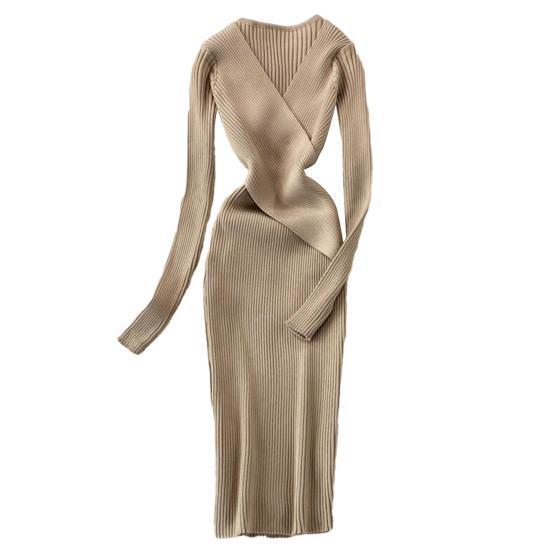 Женское осенне-весеннее платье трикотажное облегающее эластичное полосатое платье с V-образным вырезом в винтажном сплошном цвете с узкой талией противоусадочное платье-футляр миди с длинным рукавом вечерние