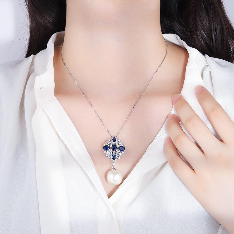 Inlaid white rhombus oval blue diamond zircon pearl pendant necklace simple retro personalized necklace
