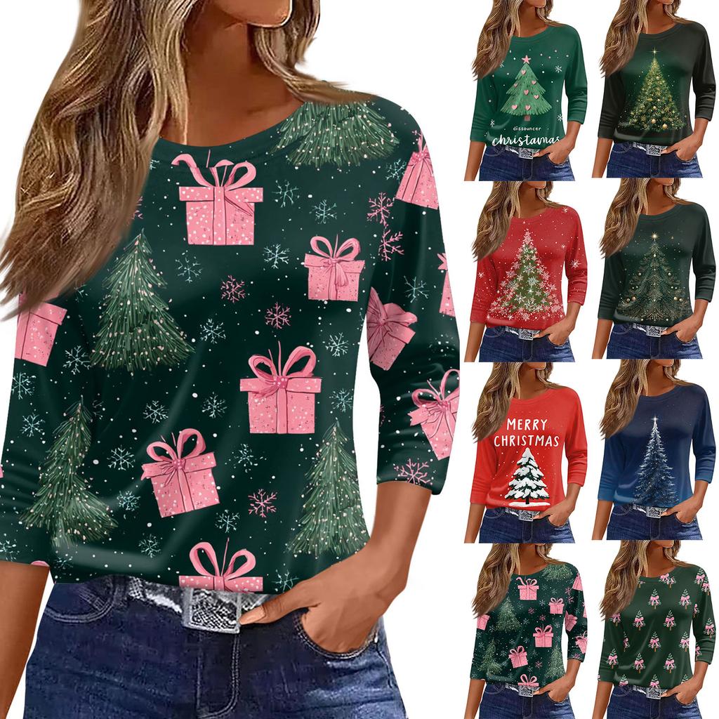 Women's O-Neck 3/4 Sleeve Christmas Print Top