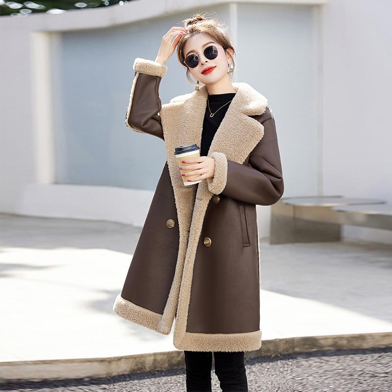 Женское универсальное пальто из замши ягненка, зимнее бархатное утолщенное пальто средней длины с мехом ягненка