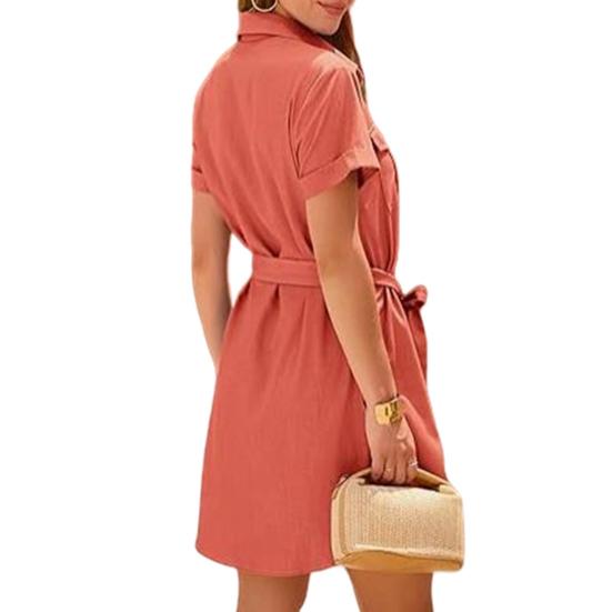 Женское платье-рубашка с лацканами и короткими рукавами на пуговицах, мини-платье с V-образным вырезом и поясом, карманное платье, уличная одежда