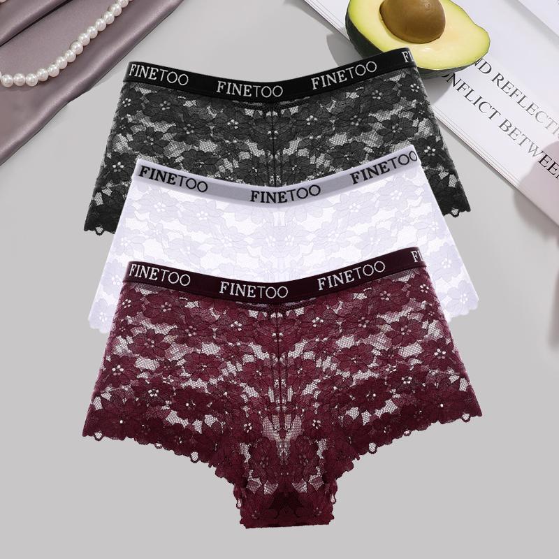 3Pcs Lace Hollow Out Boyshorts Women's Sexy Floral Panties 5 Solid Colours Underwear Letter Belt Briefs Perspective Lingerie