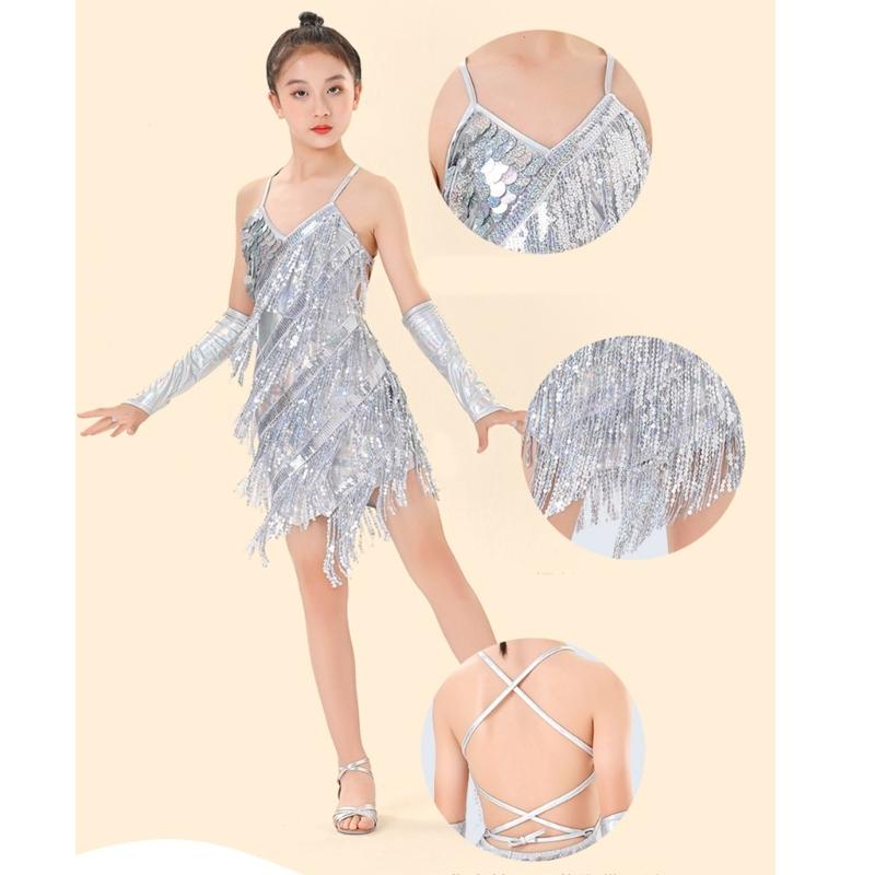 Latin Dance Dress Tassels Salsas Dancewear Sequins Fringe Dress Modern Ballroom Cha Cha Dancer Outfits for Kids Girls