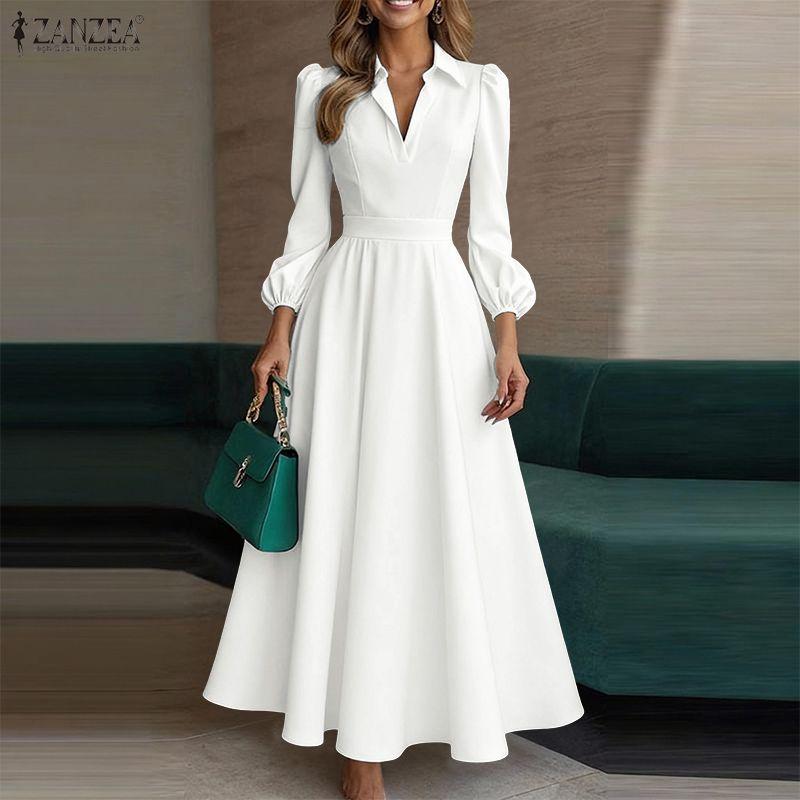 ZANZEA Женское повседневное свободное длинное платье с отложным воротником и длинным рукавом