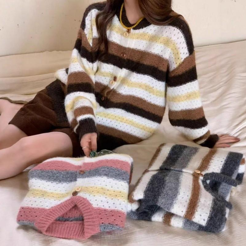 Womens Soft Knit Cardigan Sweater Striped Loose Fit Round Neck Casual Winter Wear