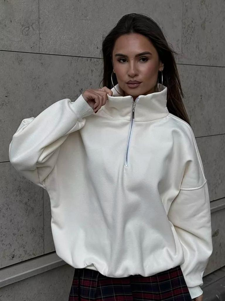 Однотонная верхняя одежда на половину молнии со стойкой воротником, модный трендовый свитшот с лацканами, свободный топ