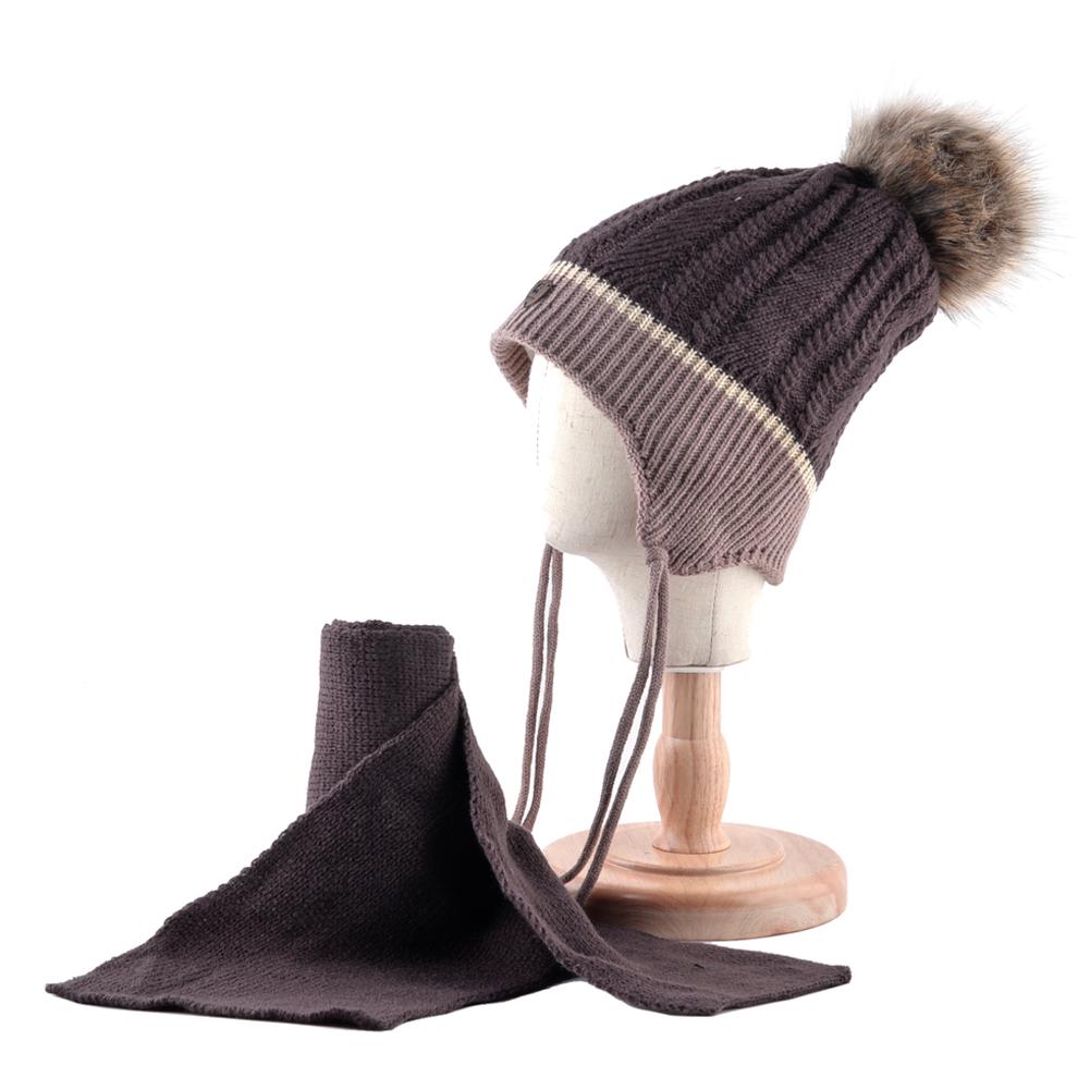 Warm Children Hat Scarf Set Winter Thick Knitted Faux Fur Pompom Beanie Boys Knit Kids Baby Hats Set