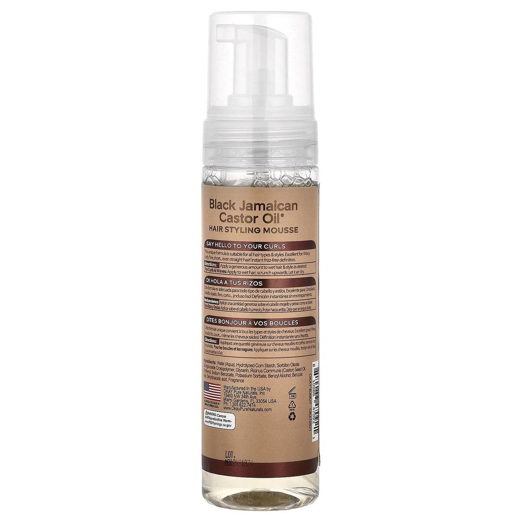 Okay Pure Naturals Черное ямайское касторовое масло®, Мусс для укладки волос, Экстрасильная фиксация, Для кудрявых и волнистых волос, 7,5 унций (221 мл)