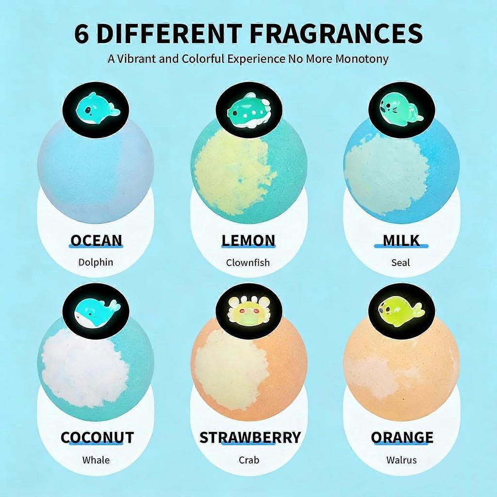 Glow-in-the-Dark Bath Bombs Gift Set, 6pcs Marine Animal Fizzy Bath Bombs With Light-Up Toys