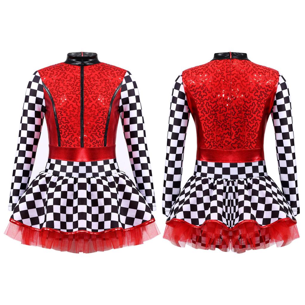 Детский костюм гонщика для девочек, клетчатый комбинезон гонщика с блестками, костюм для косплея на Хэллоуин, нарядное платье