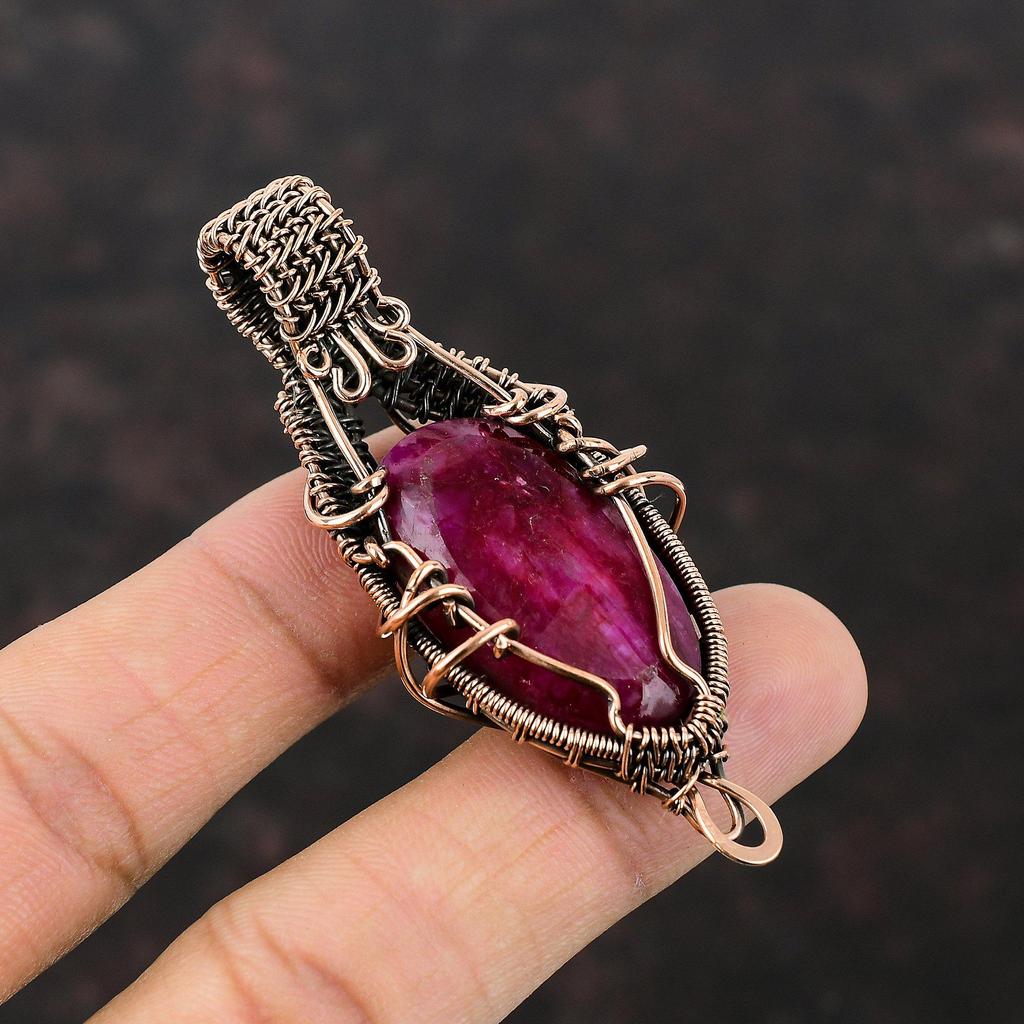 Граненый кашмирский рубиновый кулон, кулон из медной проволоки, кулон ручной работы, медные украшения, стильный кулон, кулон из настоящего драгоценного камня, подарок для нее