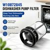 W10872845 Фильтр для пищевых отходов посудомоечной машины с рамой из АБС-пластика, мелкой сеткой, вращающимся замком и возможностью снятия без инструментов для регулярной очистки фильтра