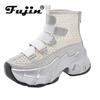 7cm Air Mesh Denim 2024 Synthetic Breathable Ankle Boots Summer Hollow Ziper Boots Woman Fashion Shoes Comfortable Sandals