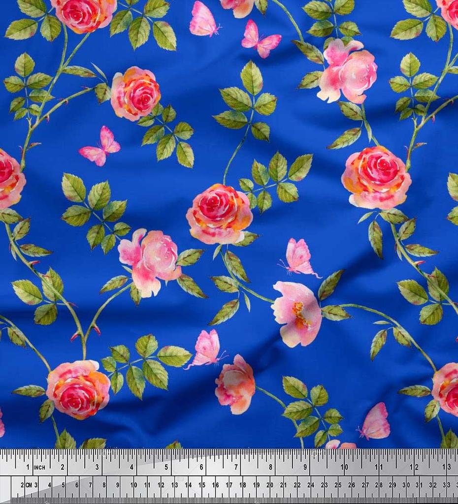 Soimoi Японская креп-сатиновая ткань с листьями, розами и пионами, ткань с цветочным принтом по метрам, 42 дюйма