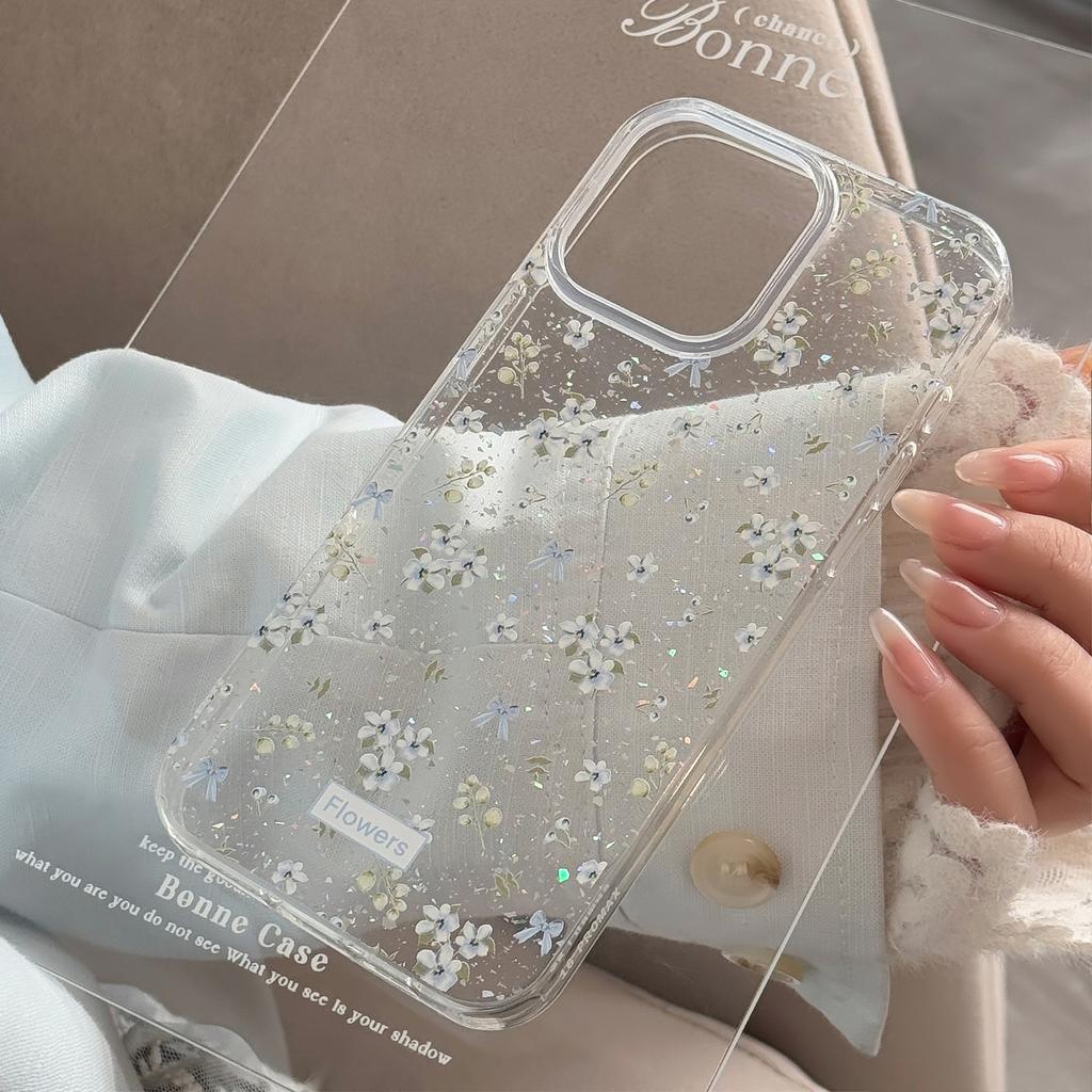 Gentle Blue Floral Suitable for Apple 16 Promax Mobile Phone Case 17 Fresh and Beautiful Iphone14 Glitter 11 Transparent