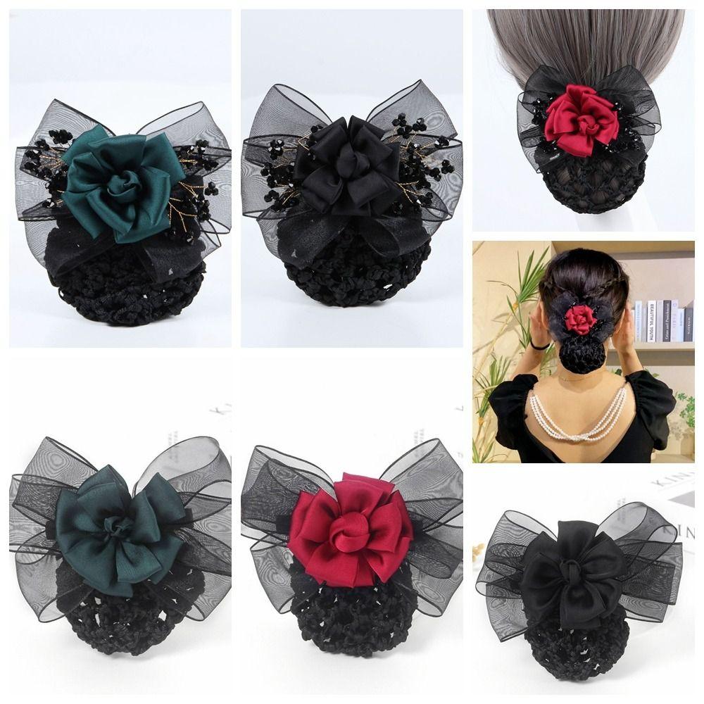 Korean Style Flower Snood Spring Clip Ponytail Clip Bow Hair Net Temperament Crochet Bun Net  Bank