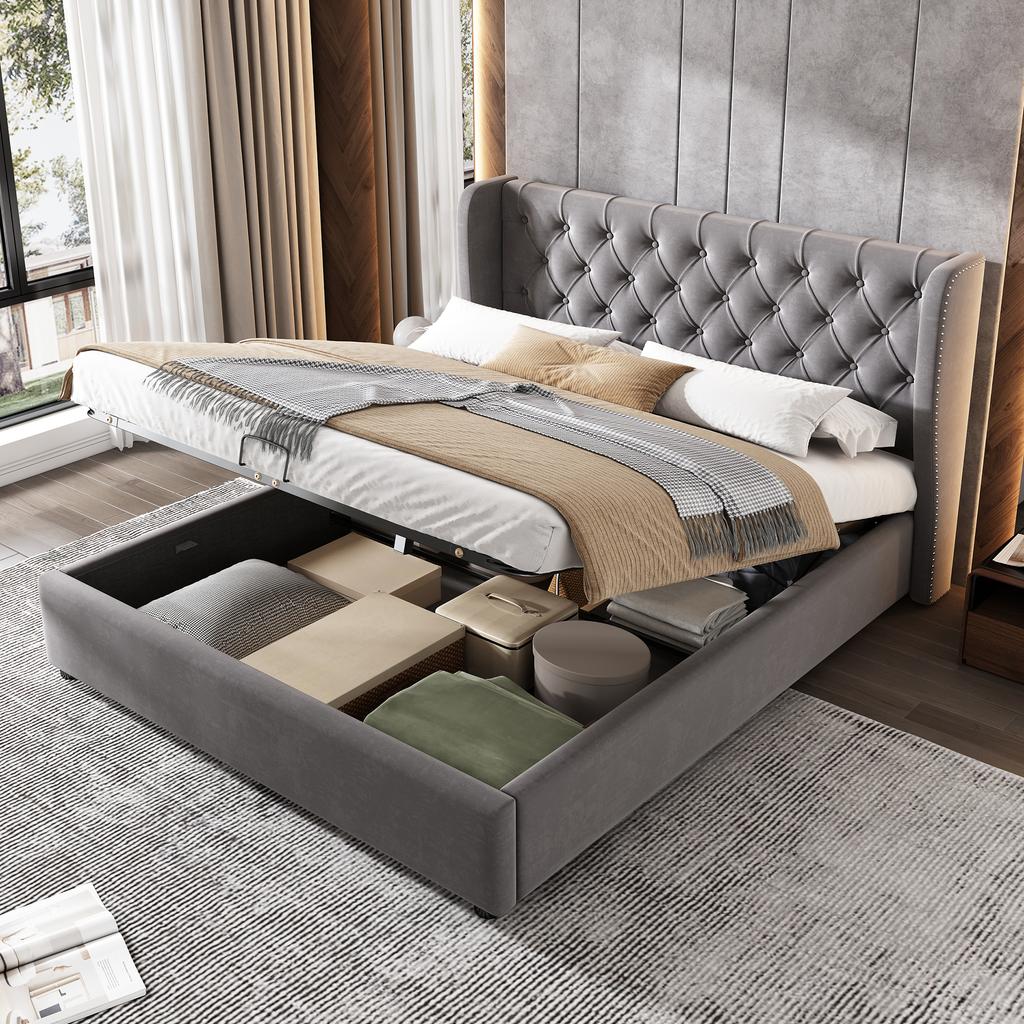 Upholstered Wingback Velvet Bed, Button Tufting, 140*200, Hydraulic Storage Bed, Slatted Frame, Underside Dirt-Repellent Black Non-Woven Fabric, Grey