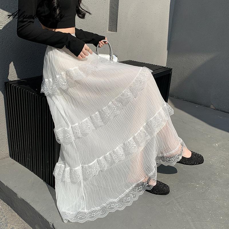 2025 Весна Лето Женская Макси Длинная Белая Юбка Высокая Талия Многослойные Оборки Юбка Принцессы Милые Романтичные Женские Кружевные Многоуровневые Юбки