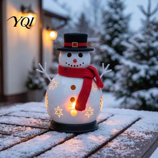 Snowflake Hollow Candle Lantern Christmas Snowman Holder, Decorative Metal Candlestick Ornament with Top Cute Winter Theme Decoration Hat And