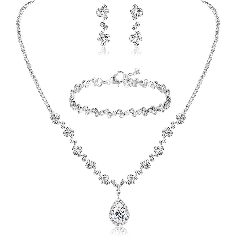 Bridesmaid Wedding Jewelry Set Rhinestone Drop Wave Necklace Earrings Bracelet
