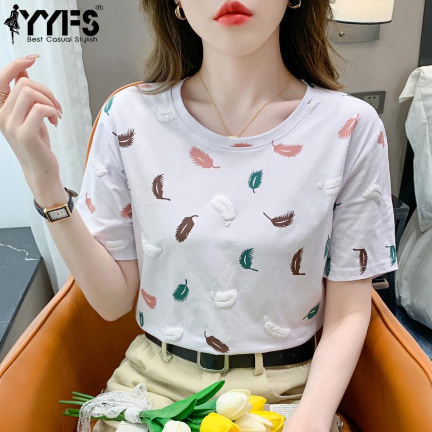 YYFS Женские модные повседневные летние весенние блузки и рубашки с короткими рукавами и круглым вырезом с принтом перьев