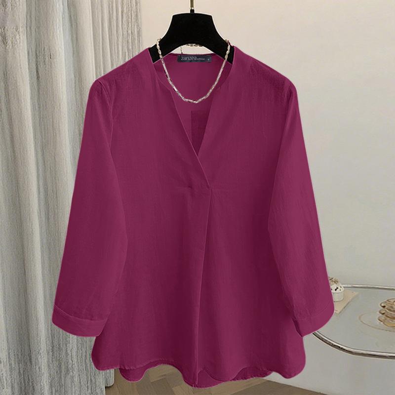 ZANZEA Women Casual V-Neck Solid Color Loose 3/4 Sleeve Cotton Blouse