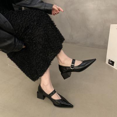 Французские туфли Мэри Джейн на среднем каблуке, черные, кожаные, женские туфли 2024 года, новые весенне-осенние белые туфли с острым носком