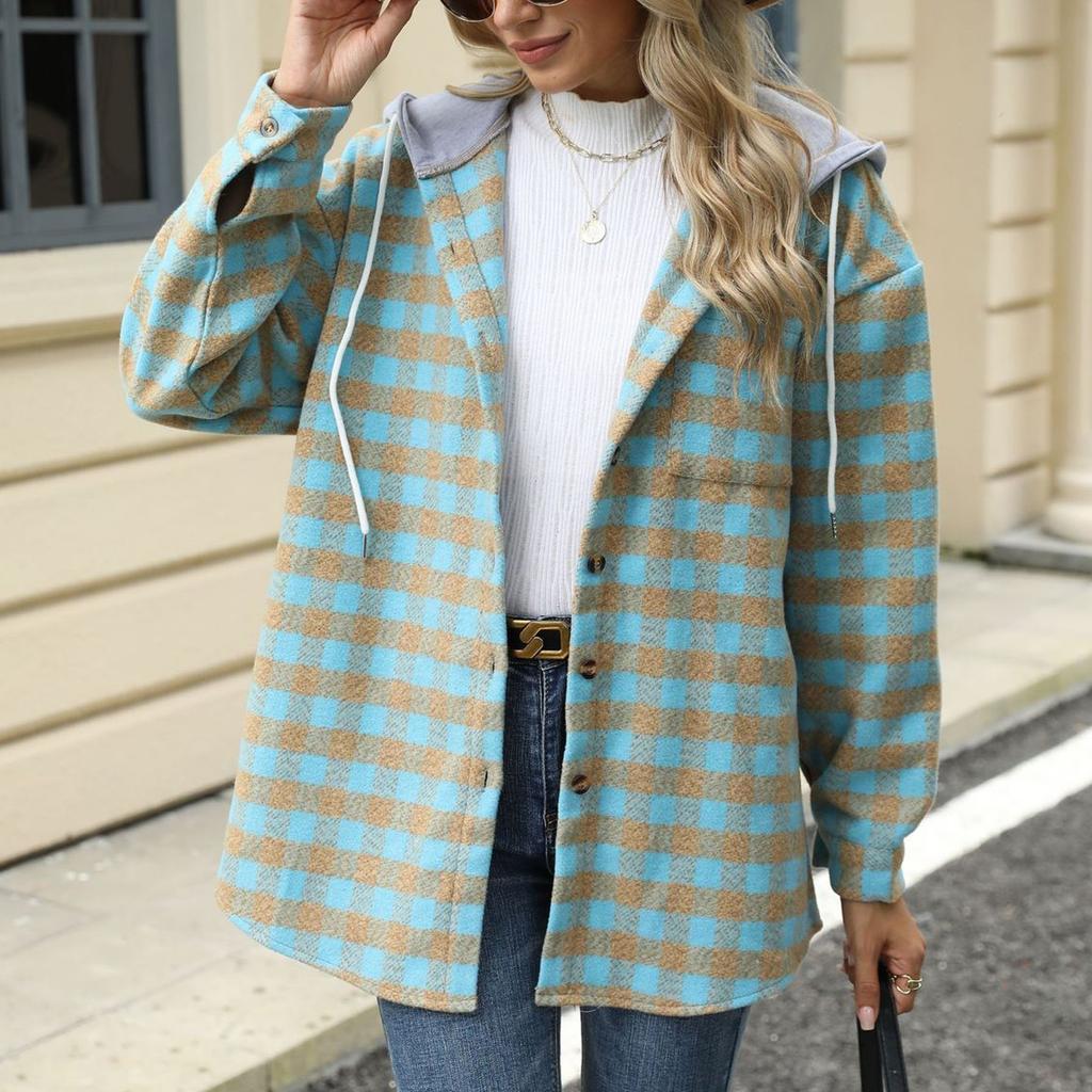Женский свободный повседневный клетчатый топ с капюшоном и однобортным шерстяным пальто