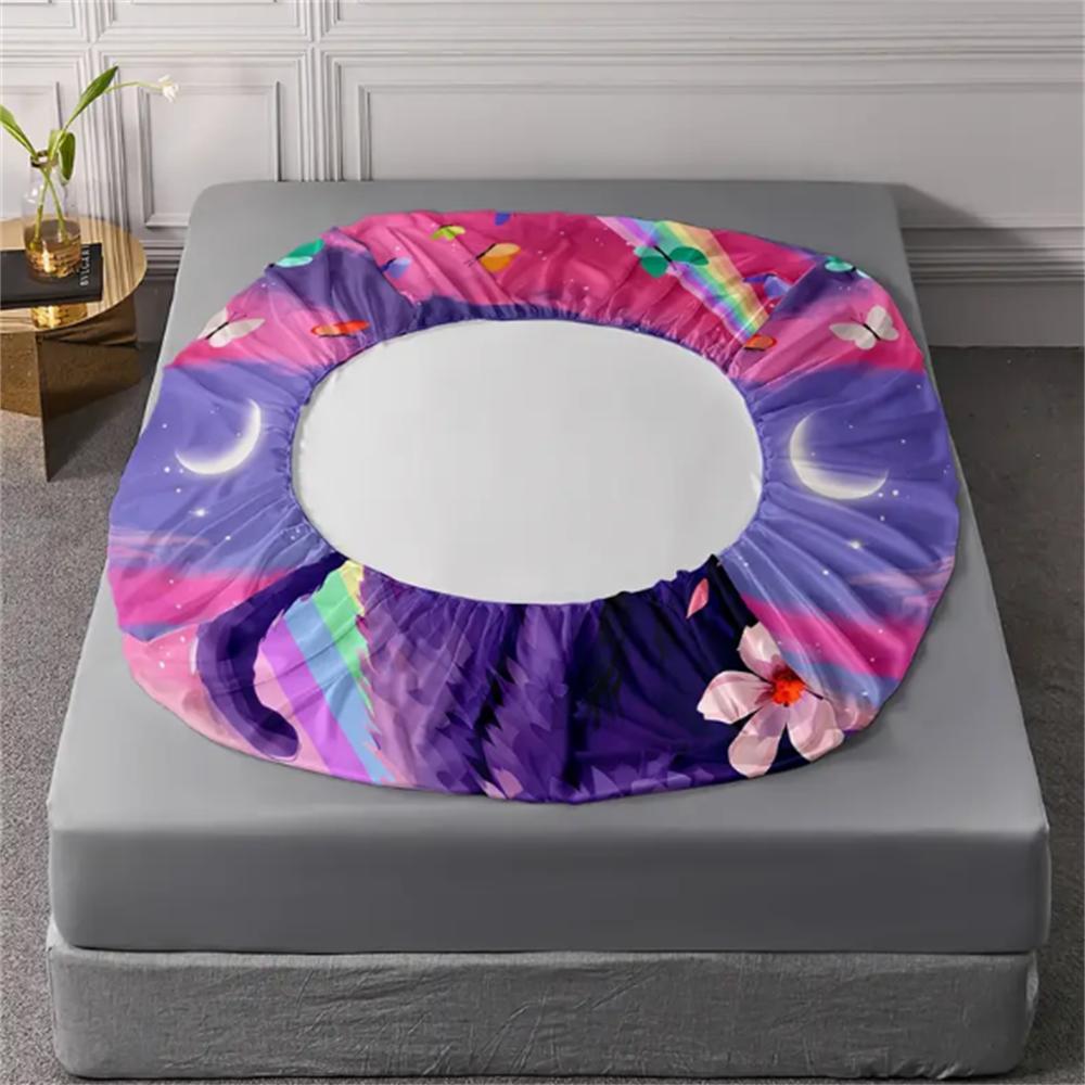 3 шт. 100% полиэстер Милый мультяшный принт кошки Комплект простыней на резинке Украшение для спальни, Фиолетовый цветочный узор «Звездное небо» Комплект постельного белья