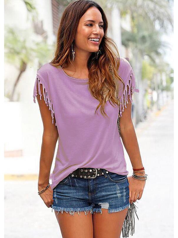 Женская футболка большого размера с круглым вырезом, короткими рукавами, кисточками и узлом