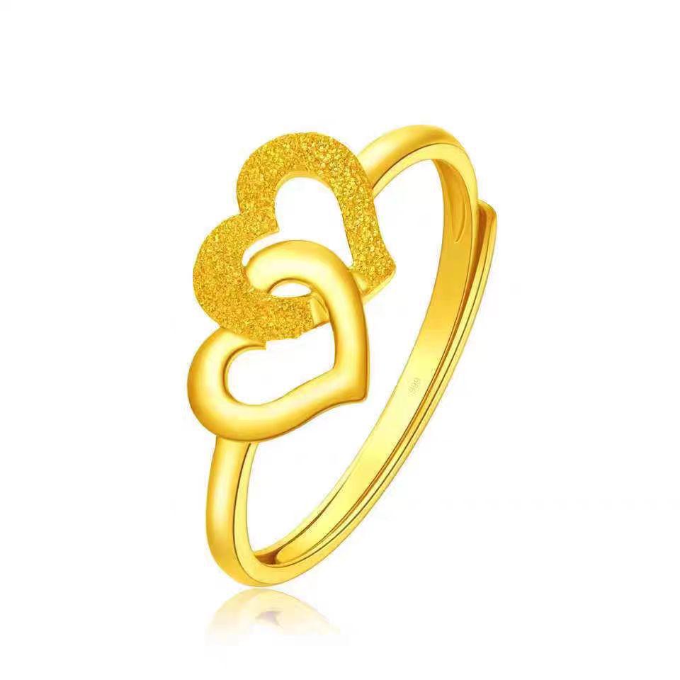 Регулируемое кольцо с двойным сердцем из песочного золота с медным покрытием - Элегантный подарок для женщин