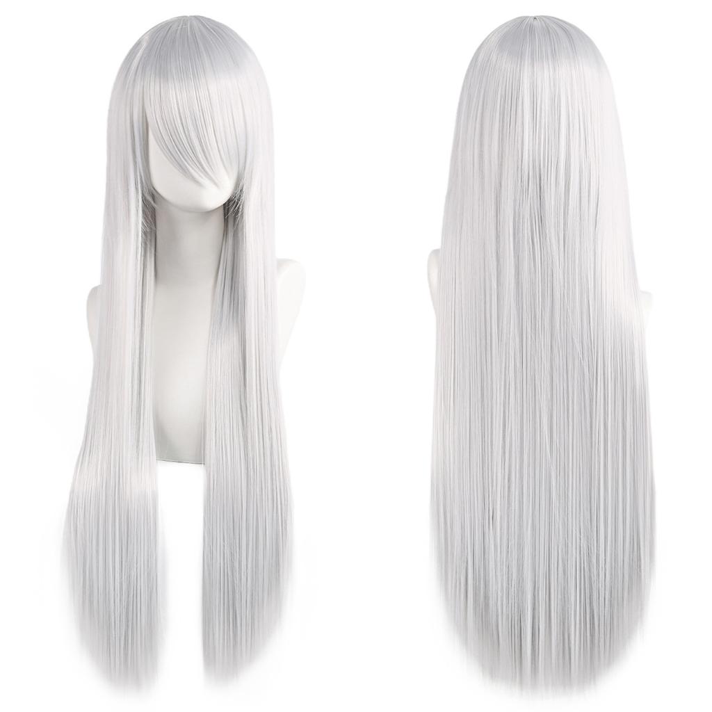 80cm Long Synthetic White Purple Cosplay Wigs Green Hair Straight Silver Wig Pink Hairpiece Lolita Wig with Bangs
