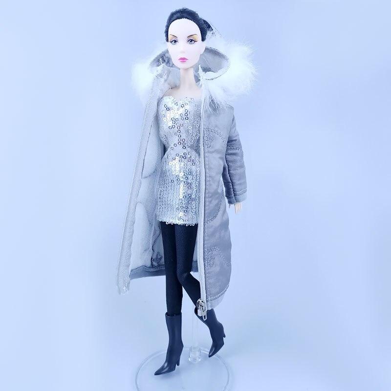 Серое зимнее теплое длинное пальто с капюшоном для куклы Барби, одежда, парка для 1/6 куклы BJD, куртка 1:6, аксессуары для кукол, детские игрушки
