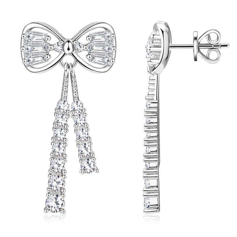 Silvere Glam European And American Light Luxury And High-end Style Bow Moissanite Ear Studs, Silver Ear Rings Long Full-stone Ear Accessories