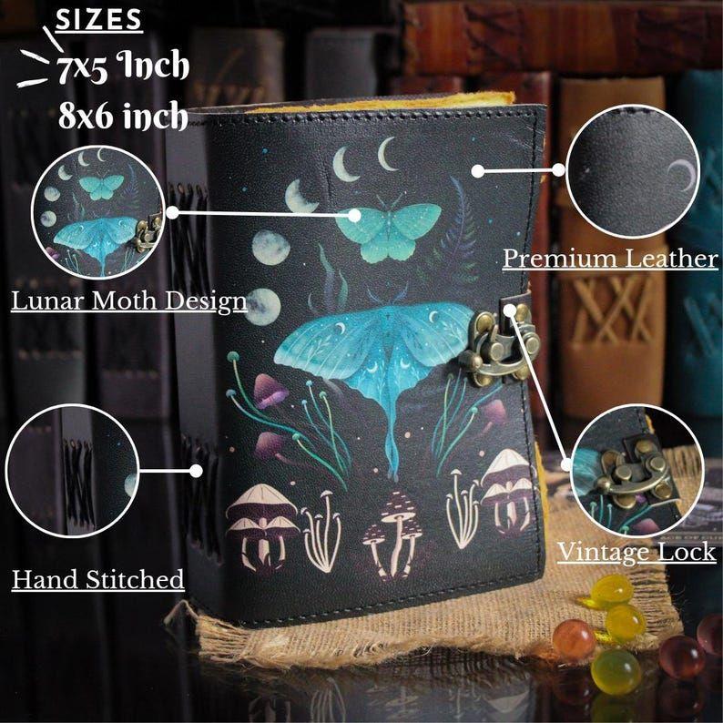 Кожаная книга теней «Луна-мотылёк» | Дневник для заклинаний чакр | Кожаный магический гримуар | Подарок для ведьмы | Блокнот ручной работы