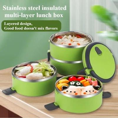 Многослойный ланч-бокс из нержавеющей стали с термоизоляцией, круглый герметичный ланч-бокс, портативный ручной бенто-бокс для студентов и офисных работников