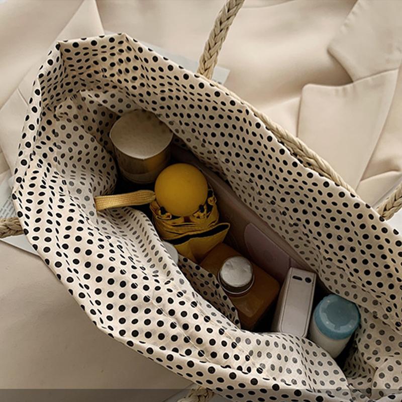 Summer Straw Bag Women Weave Handmade Handbag Drawstring Handle Bag Large Capacity Wave Point Tote Bag Shopping Bags KTY