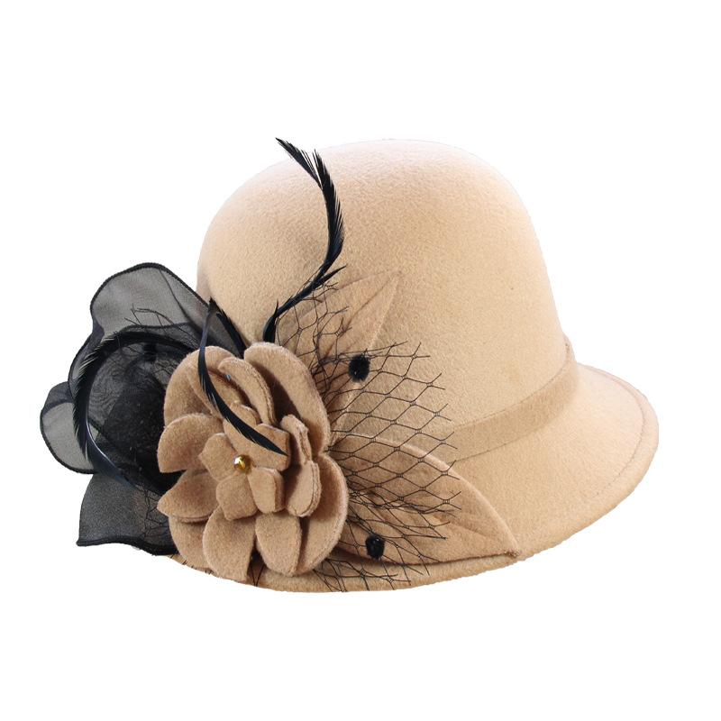 Осенне-зимняя теплая шапка Женская британская ретро шерстяная шапка Элегантная шапка-котелок со знаменитой сеткой и цветком-бантом