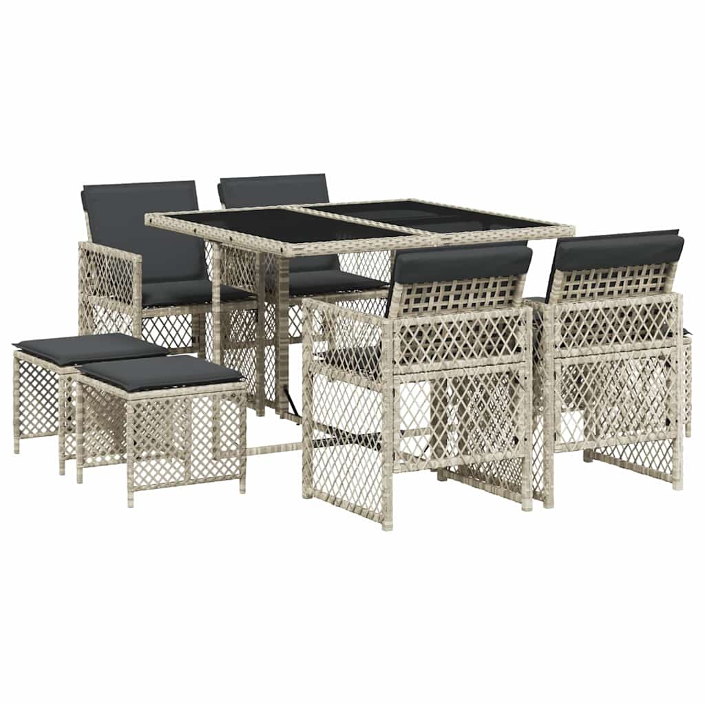 9 Piece Outdoor Dining Set with Cushions Light Grey Poly Rattan